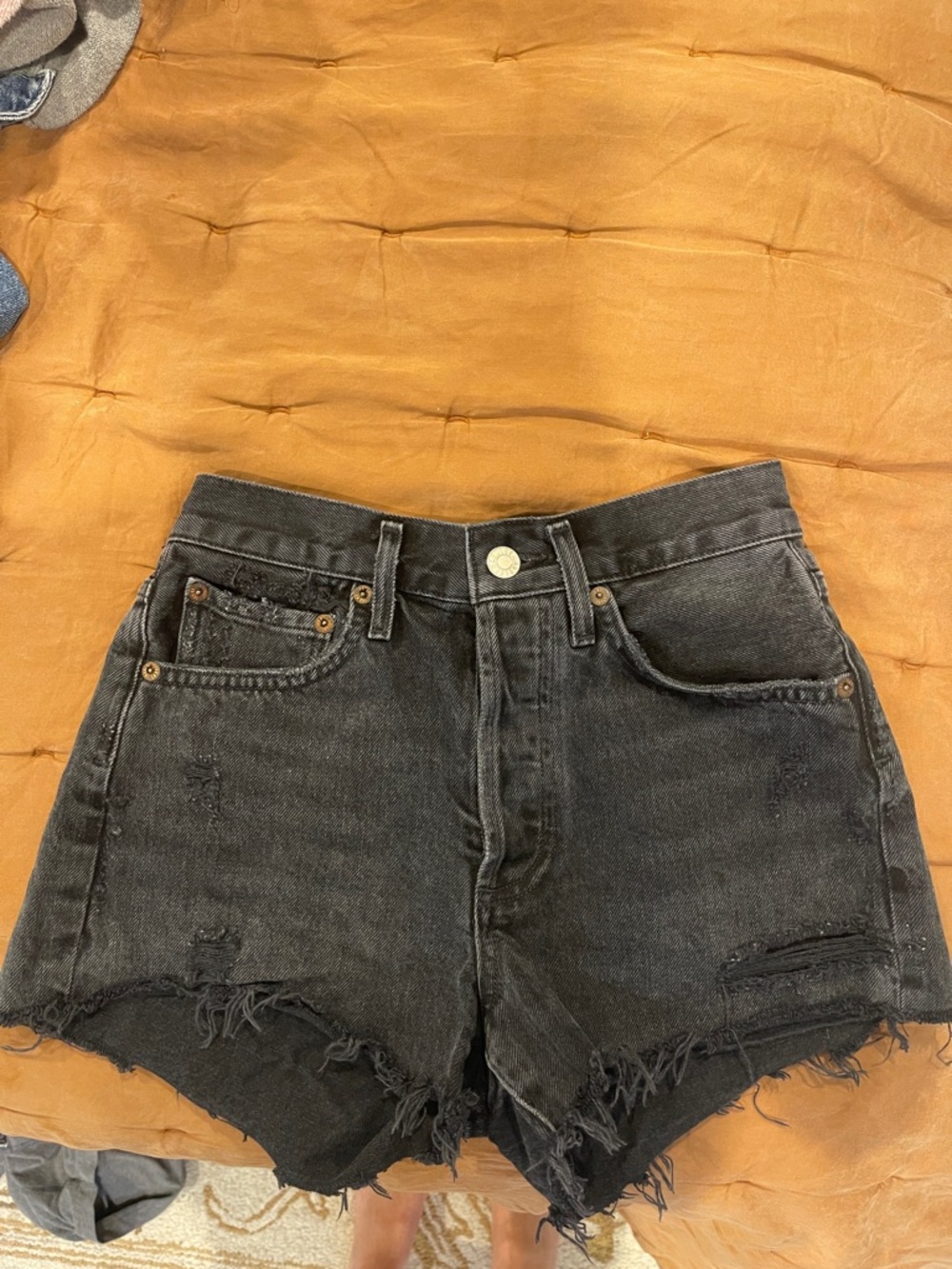 Agolde Black High-Waist Frayed Denim Shorts